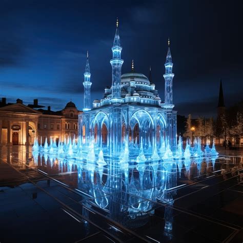 Premium AI Image | a building with a blue water fountain in front of it