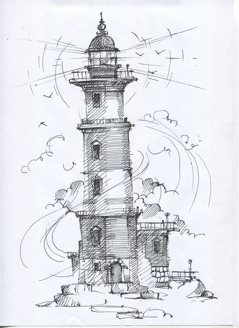 A Drawing Of A Lighthouse In The Ocean