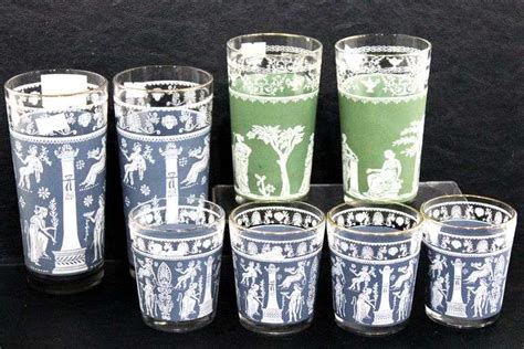 Jeanette Vintage Glasses And Tumblers Corinthian Blue And Hellenic Green Greek Motif 8 Items