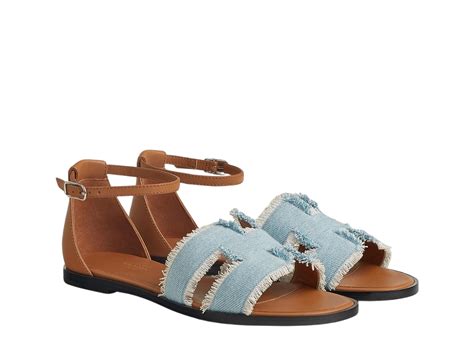 Sasom Hermes Santorini Sandal In Fringed Denim And Calfskin