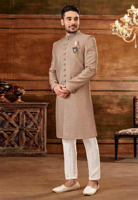 Brown Banarasi Silk Indo Western Sherwani