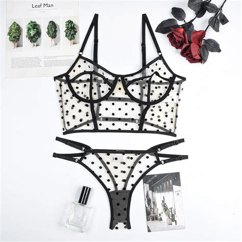 Dot Sheer Mesh Unlined Lingerie Set Allure Lace Bra Low Rise G String Thong Panty Lace Deep V