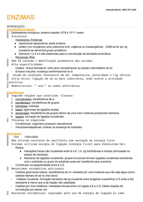 Bioqu Mica Resumo De Enzimas Enzimas Studocu