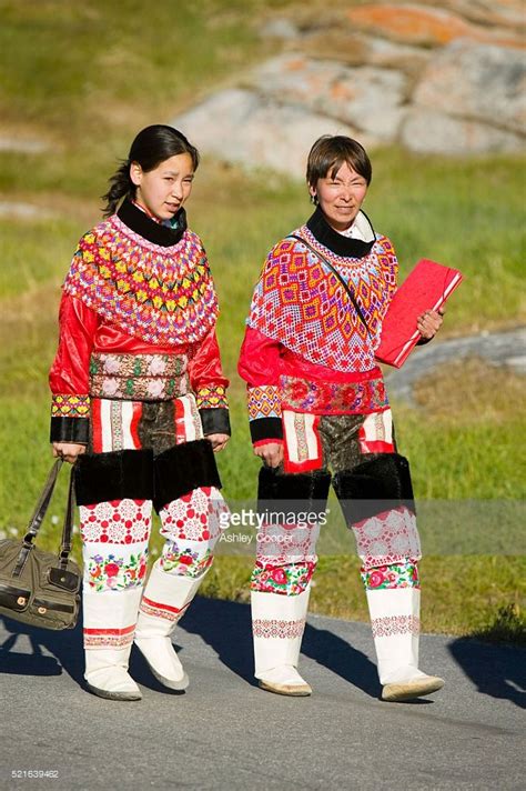 Inuit Women Wearing Traditional Greenlandic National Costume Or