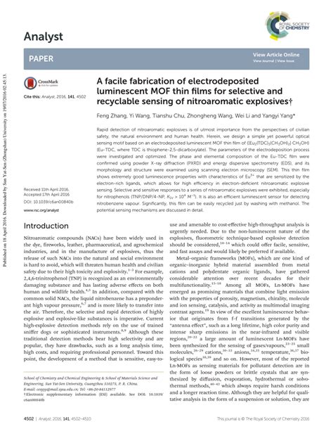 Pdf A Facile Fabrication Of Electrodeposited Luminescent Mof Thin