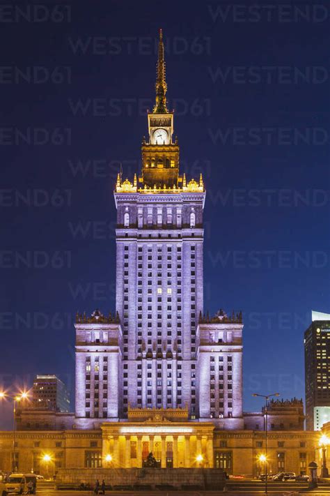 Poland Warsaw Palace Of Culture And Science At Night Stock Photo