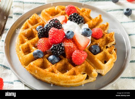 Sweet Homemade Berry Belgian Waffle With Whipped Cream Stock Photo Alamy