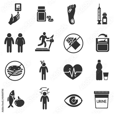 Diabetes Monochrome Icons Set Diagnosis And Health Care Stock Vector