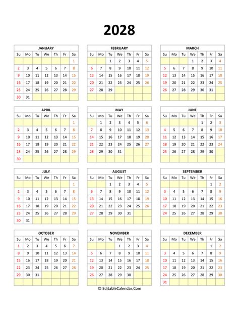 Editable Calendar Template 2028