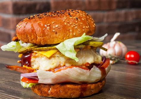 Chicken Burger With Tomato Onion Cheese Lettuce Stock Photo Image Of