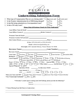 Fillable Online Underwriting Submission Form Premier Nationwide