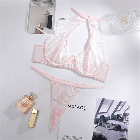 Ellolace Sensual Lingerie Woman Halter Exotic Costumes Underwire Bra And Thongs Black Erotic