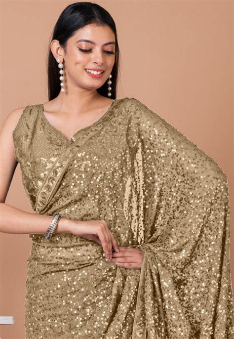 Buy Sequinned Georgette Saree In Beige Online SCSA206 Utsav Fashion