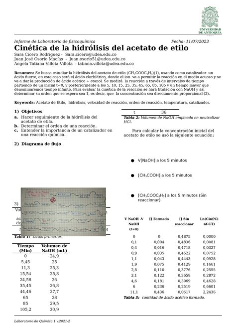 Cin Tica De La Hidr Lisis Del Acetato De Etilo Cicero Osorio Villota