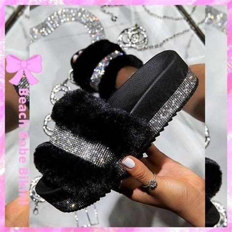 Rio Vacay Diamond Fur Slide Sandals Black Beach Babe Bikini