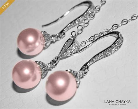 Pink Pearl Jewelry Set, Light Pink Small Pearl Earrings Necklace Set ...