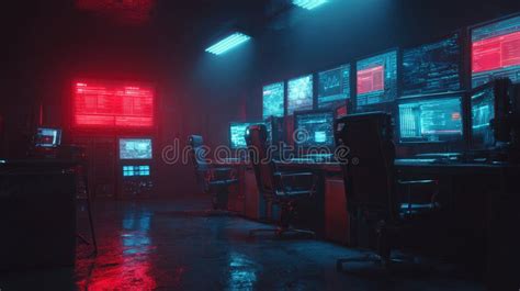 futuristic cybersecurity server room  multiple computer monitors
