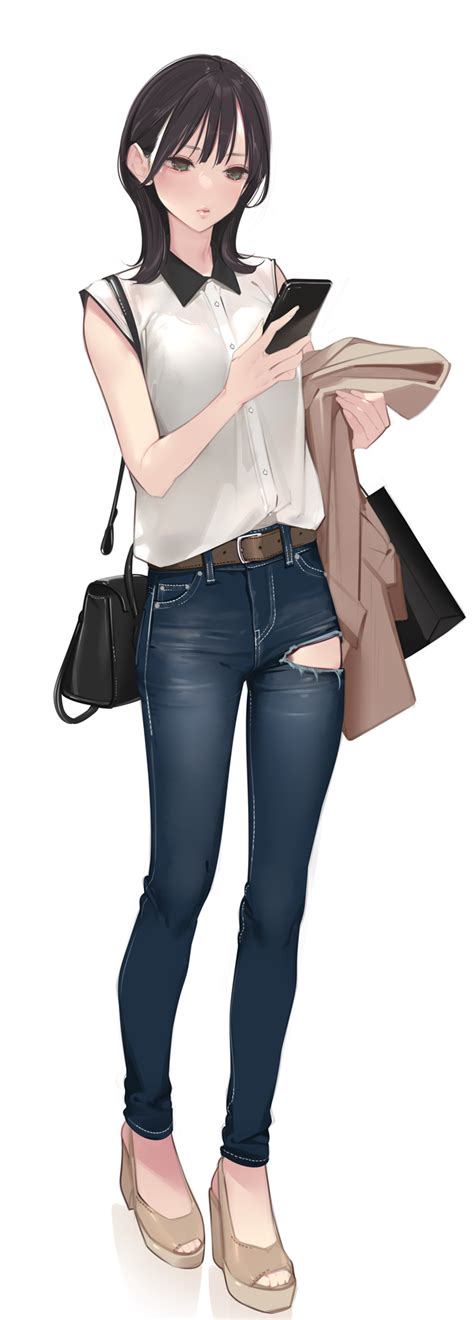 Safebooru 1girl Ama Mitsuki Bag Belt Black Eyes Black Hair Blush Cellphone Denim Full Body