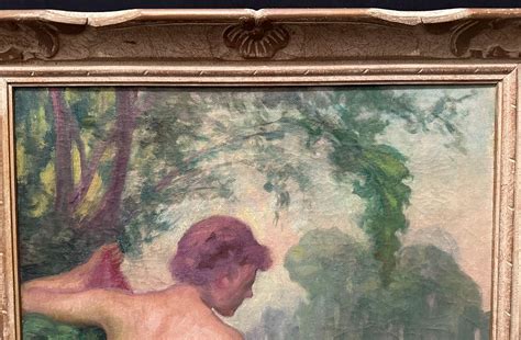 Proantic Symbolist Painting Naked Woman Bather In Mauve Sheet By ém