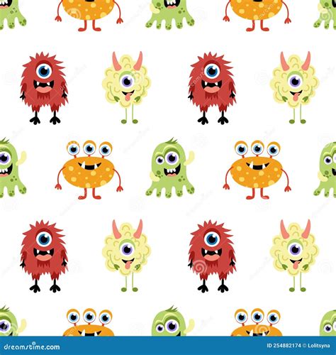 Cute Kind Monster Seamless Pattern Multicolored Monsters Flat