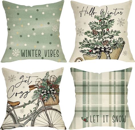 Hello Winter Vibes Juego De Fundas De Almohada Decorativas Verdes