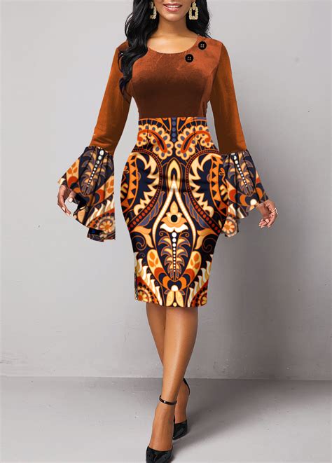 ROTITA Velvet Tribal Print Dark Coffee Round Neck Bodycon Dress