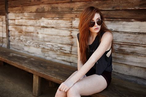 Women Redhead Sitting Women With Glasses Looking Away Women With