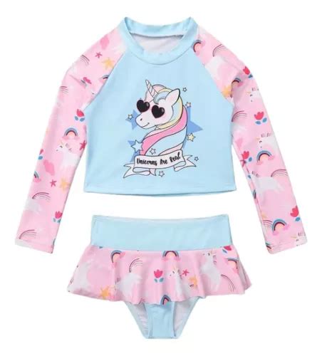 Traje De Baño Bikini Manga Larga De Niña Unicornio Playa Envío gratis