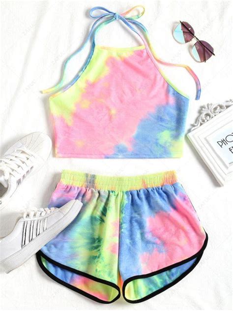 [17 Off] 2021 Tie Dyed Crop Top And Shorts Set In Yellow And Blue Zaful