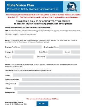 Fillable Online State Vision Plan Specialty Glasses Employee