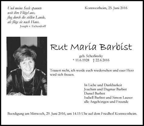 Traueranzeigen Von Rut Maria Barbist Stuttgart Gedenktde