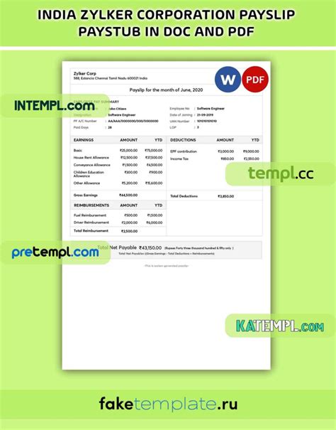 INDIA ZYLKER corporation payslip Word and PDF download template