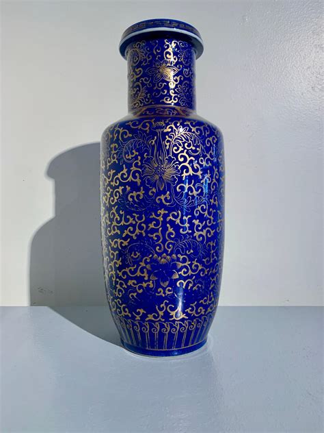 Chinese Powder Blue Gilt Decorated Rouleau Vase Qing Dynasty C 1900