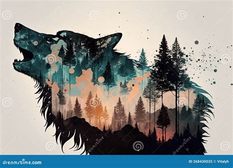 Double Exposure Howling Wolf and a Forest. Stock Image - Image of ...