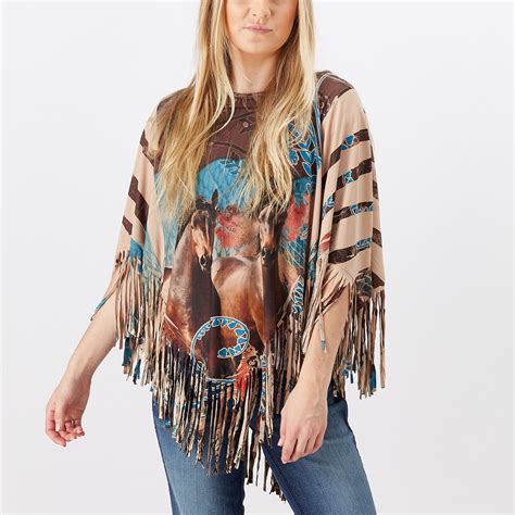 Fantazia Womens Horse Print Western Poncho Wfringe