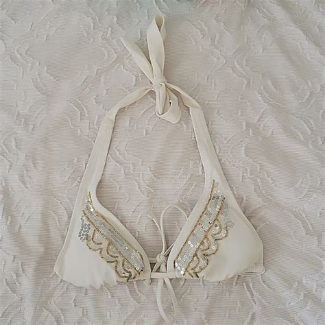 H M Swim Nwot Hm White Halter Bikini Top With Gold And Silver Metallic Accents Size Us