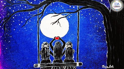 Friendship Day Painting For Beginners In Moonlight Night Step By Step