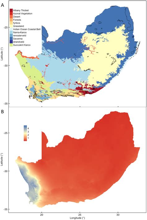 Maps of (A) the biomes of South Africa with the Fynbos biome separated ...