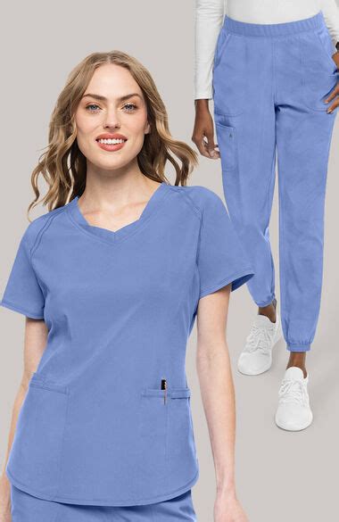 Womens Scrub Set Layered V Neck Top And Mid Rise Pull On Jogger Pant