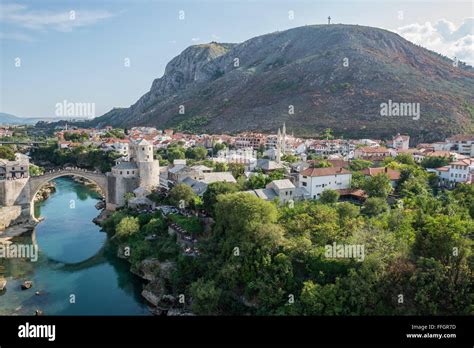 Aerial View On Mostar Old Town And Stari Most Old Bridge Over Neretva