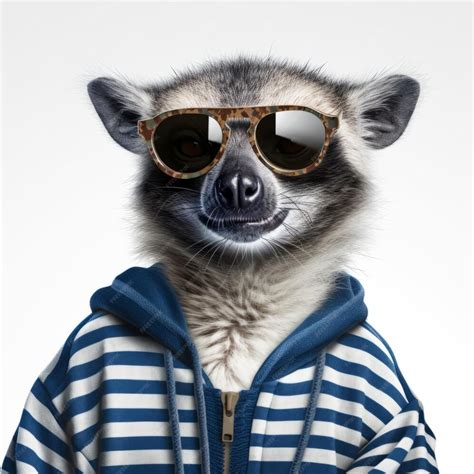 Premium Photo Funny And Happy Lemur Wearing Sunglasses In Blue And White Sweater