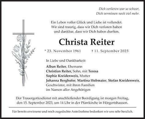 Traueranzeigen Von Christa Reiter Trauer Merkur De