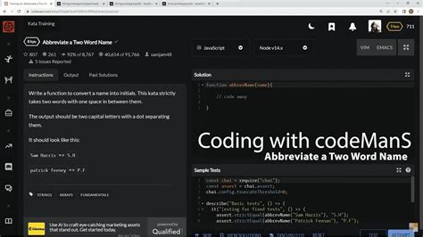 Codewars Kyu Abbreviate A Two Word Name Javascript Youtube