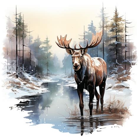 Premium Ai Image Painting Of A Moose Standing In A Stream In A Snowy