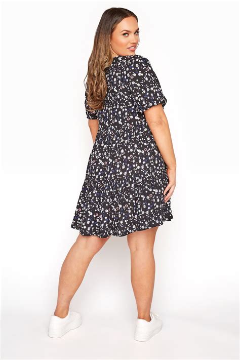 Black Multi Ditsy Floral Tiered Dress Yours Clothing