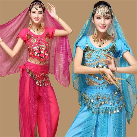 Fashion Indian Belly Dance Costumes 5PCS Set Pant Top Belt Veil Head