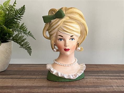 Vintage Relpo Lady Head Vase 7 5 Blonde With Pearl Jewelry Woman Head