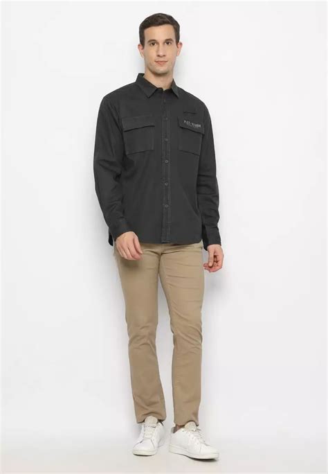 Jual Police Denim Police Kemeja Polos Cotton Twill Kantong Dua Dark