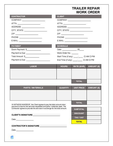 Trailer Repair Work Order Template Invoice Maker