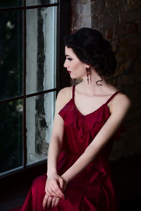 Beautiful Brunette Girl With Sensual Look Beauty Portrait At The Window Stock Image Image Of